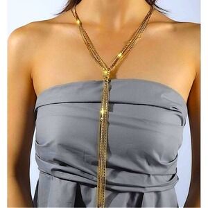 Gold Y Lariat Necklace, Multiple Strand, Statement, Boho